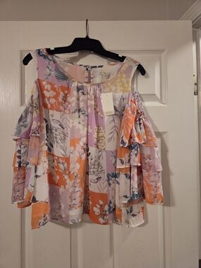 Cato Floral Patchwork Cold-Shoulder Blouse - Lavender & Orange